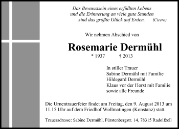 Traueranzeige von Rosemarie Dermühl von Süddeutsche Zeitung