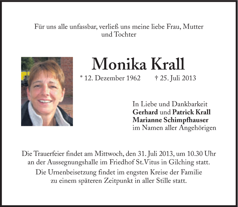  Traueranzeige für Monika Krall vom 29.07.2013 aus Süddeutsche Zeitung