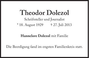 Traueranzeige von Theodor Dolezol von Süddeutsche Zeitung