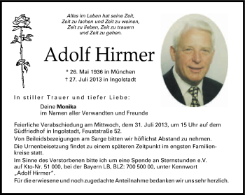 Traueranzeige von Adolf Hirmer von Süddeutsche Zeitung