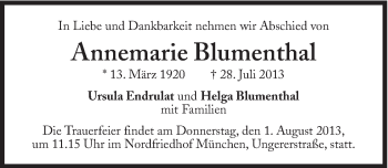 Traueranzeige von Annemarie Blumenthal von Süddeutsche Zeitung