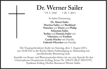 Traueranzeige von Werner Sailer von Süddeutsche Zeitung