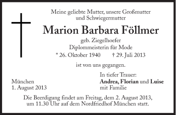 Traueranzeige von Marion Barbara Föllmer von Süddeutsche Zeitung