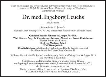 Traueranzeige von Ingeborg Leuchs von Süddeutsche Zeitung