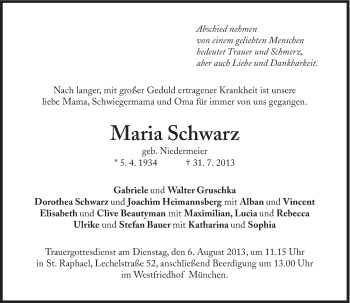 Traueranzeige von Maria Schwarz von Süddeutsche Zeitung