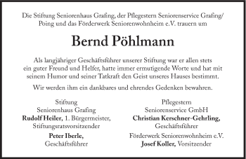 Traueranzeige von Bernd Pöhlmann von Süddeutsche Zeitung