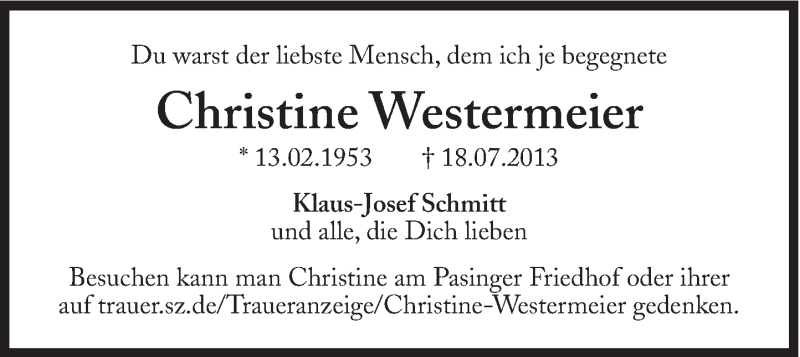 Traueranzeige für Christine Westermeier vom 03.08.2013 aus Süddeutsche Zeitung