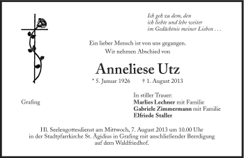 Traueranzeige von Anneliese Utz von Süddeutsche Zeitung