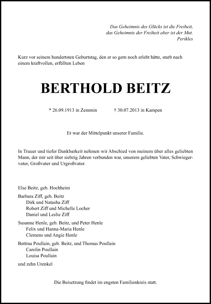  Traueranzeige für Berthold Beitz vom 03.08.2013 aus Süddeutsche Zeitung