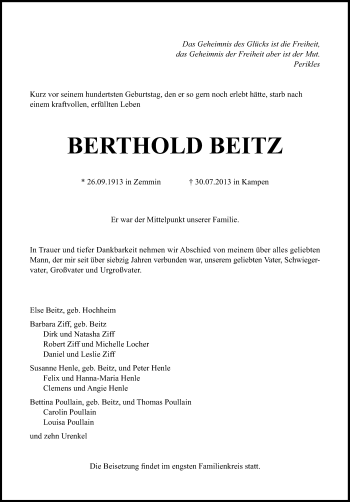 Traueranzeige von Berthold Beitz von Süddeutsche Zeitung