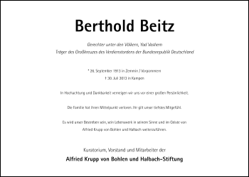 Traueranzeige von Berthold Beitz von Süddeutsche Zeitung