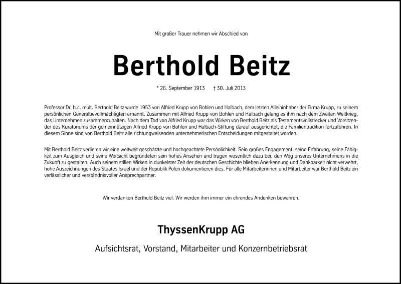  Traueranzeige für Berthold Beitz vom 03.08.2013 aus Süddeutsche Zeitung