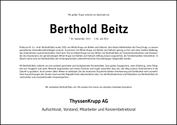 Traueranzeige von Berthold Beitz von Süddeutsche Zeitung