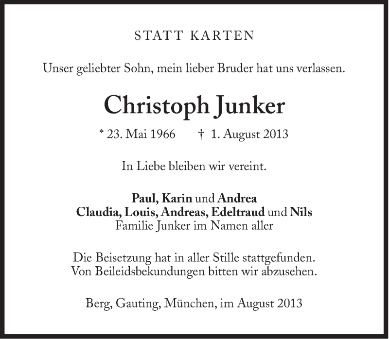  Traueranzeige für Christoph Junker vom 10.08.2013 aus Süddeutsche Zeitung