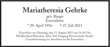 Traueranzeige von Mariatheresia Gehrke von Süddeutsche Zeitung