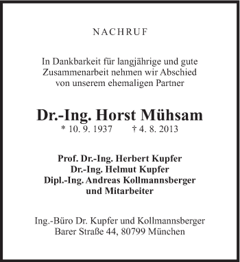 Traueranzeige von Horst Mühsam von Süddeutsche Zeitung