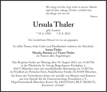 Traueranzeige von Ursula Thaler von Süddeutsche Zeitung