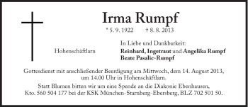 Traueranzeige von Irma Rumpf von Süddeutsche Zeitung