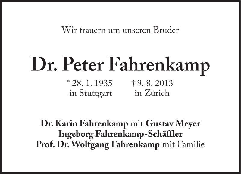  Traueranzeige für Peter Fahrenkamp vom 17.08.2013 aus Süddeutsche Zeitung