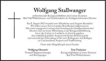 Traueranzeige von Wolfgang Stallwanger von Süddeutsche Zeitung