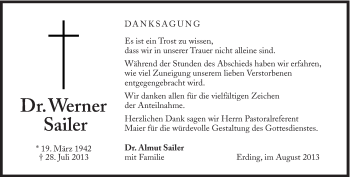 Traueranzeige von Werner Sailer von Süddeutsche Zeitung