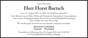 Traueranzeige von Horst Bartsch von Süddeutsche Zeitung