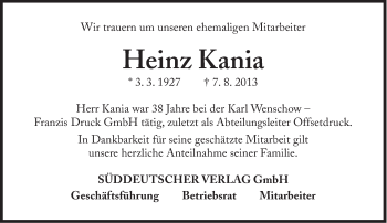 Traueranzeige von Heinz Kania von Süddeutsche Zeitung