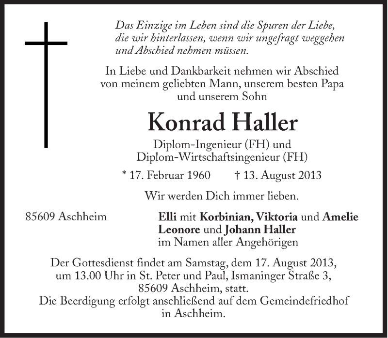  Traueranzeige für Konrad Haller vom 16.08.2013 aus Süddeutsche Zeitung