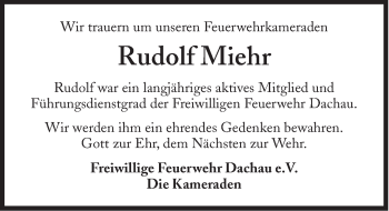 Traueranzeige von Rudolf Miehr von Süddeutsche Zeitung