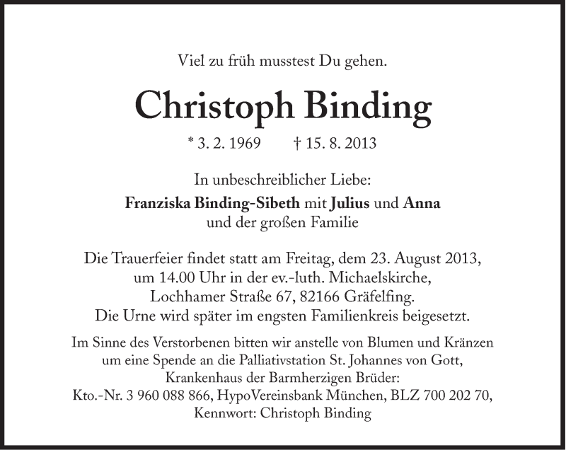  Traueranzeige für Christoph Binding vom 21.08.2013 aus Süddeutsche Zeitung