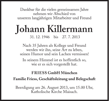 Traueranzeige von Johann Killermann von Süddeutsche Zeitung