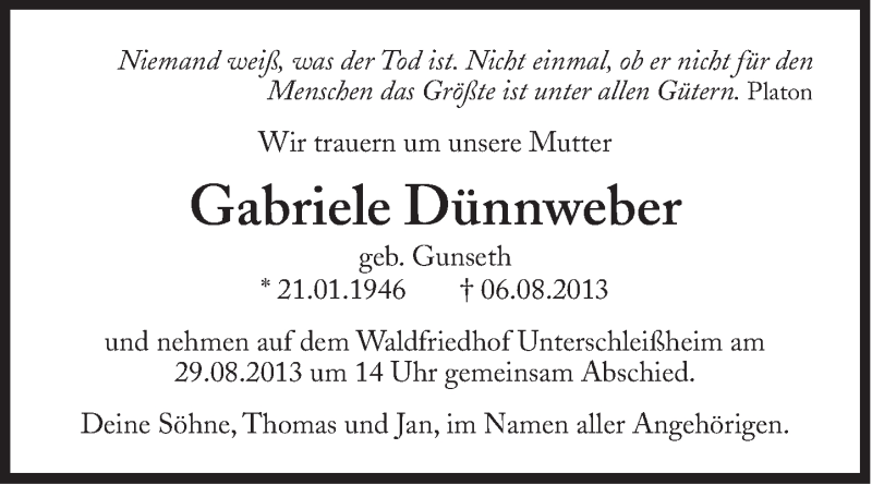  Traueranzeige für Gabriele Dünnweber vom 24.08.2013 aus Süddeutsche Zeitung