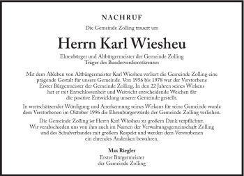 Traueranzeige von Karl Wiesheu von Süddeutsche Zeitung