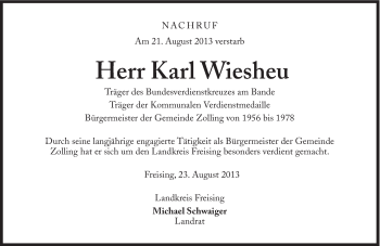 Traueranzeige von Karl Wiesheu von Süddeutsche Zeitung