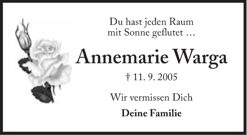  Traueranzeige für Annemarie Warga vom 11.09.2013 aus Süddeutsche Zeitung