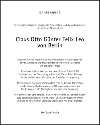 Traueranzeige von Claus Otto Günter Felix Leo von Berlin von Süddeutsche Zeitung