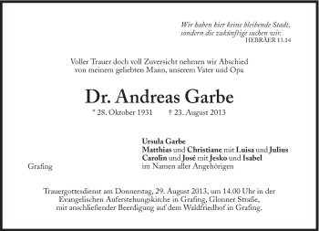 Traueranzeige von Andreas Garbe von Süddeutsche Zeitung