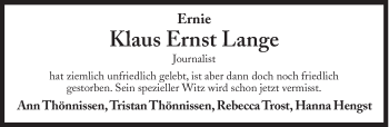 Traueranzeige von Klaus Ernst Lange von Süddeutsche Zeitung