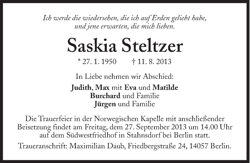  Traueranzeige für Saskia Steltzer vom 31.08.2013 aus Süddeutsche Zeitung