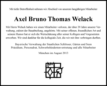 Traueranzeige von Axel Bruno Thomas Welack von Süddeutsche Zeitung