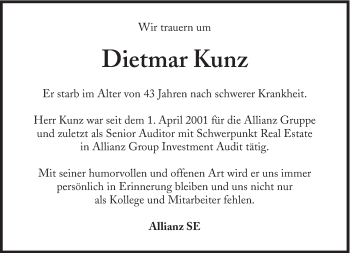 Traueranzeige von Dietmar Kunz von Süddeutsche Zeitung