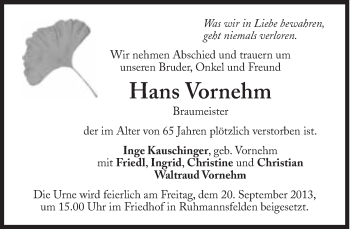 Traueranzeige von Hans Vornhem von Süddeutsche Zeitung