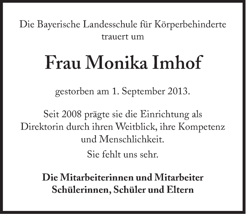  Traueranzeige für Monika Imhof vom 07.09.2013 aus Süddeutsche Zeitung