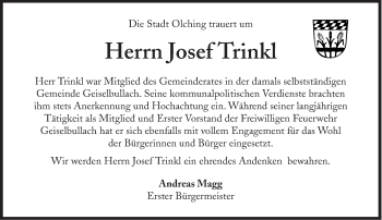 Traueranzeige von Josef Trinkl von Süddeutsche Zeitung