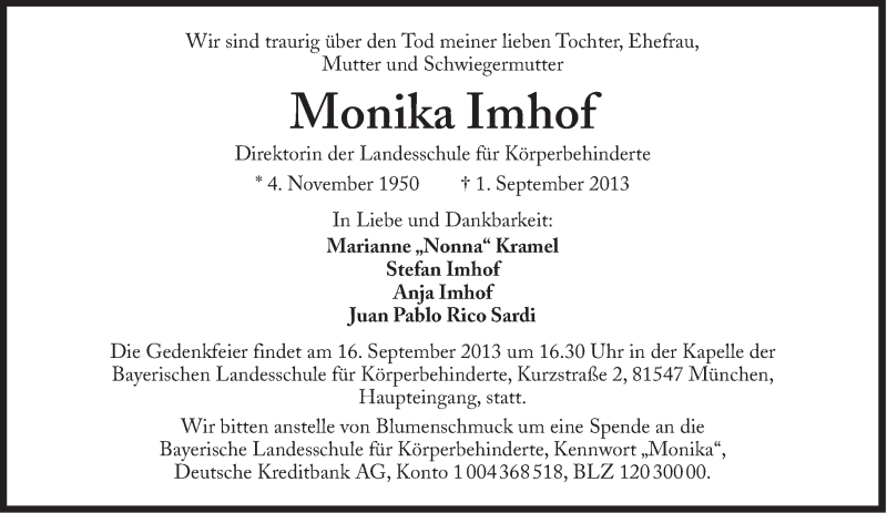  Traueranzeige für Monika Imhof vom 07.09.2013 aus Süddeutsche Zeitung