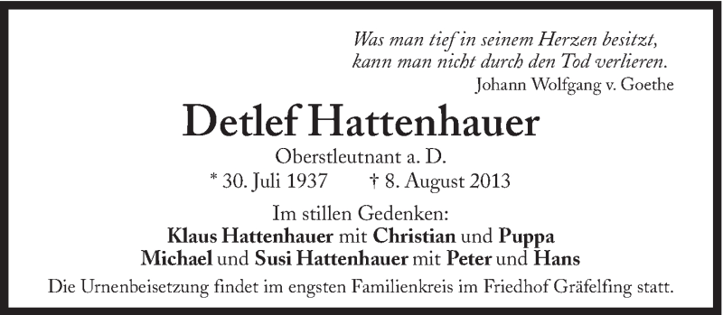  Traueranzeige für Detlef Hattenhauer vom 10.09.2013 aus Süddeutsche Zeitung