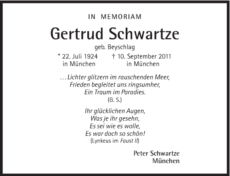  Traueranzeige für Gertrud Schwartze vom 10.09.2013 aus Süddeutsche Zeitung