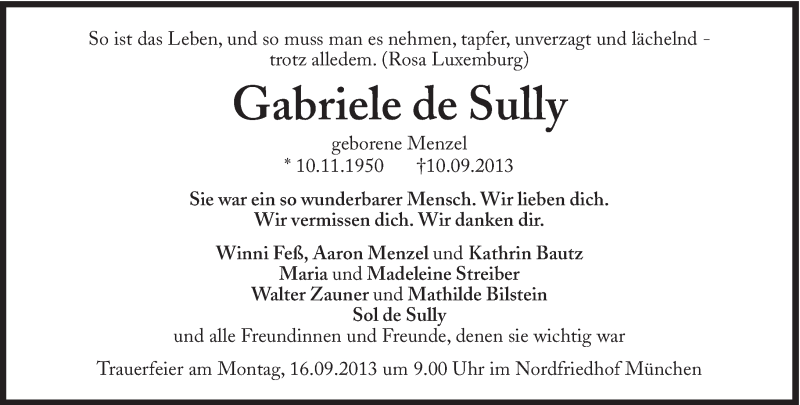  Traueranzeige für Gabriele  de Sully vom 14.09.2013 aus Süddeutsche Zeitung