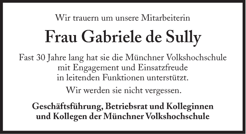  Traueranzeige für Gabriele  de Sully vom 16.09.2013 aus Süddeutsche Zeitung