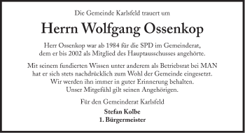 Traueranzeige von Wolfgang Ossenkop von Süddeutsche Zeitung